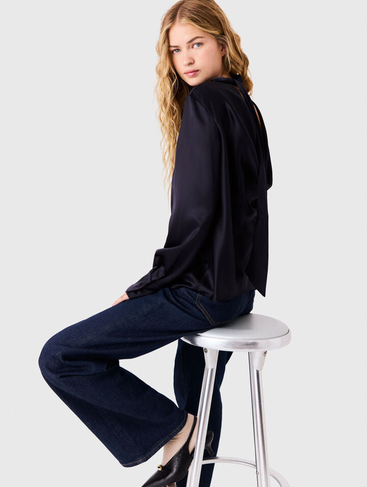Satin blouse with draped back - Navy - View 4