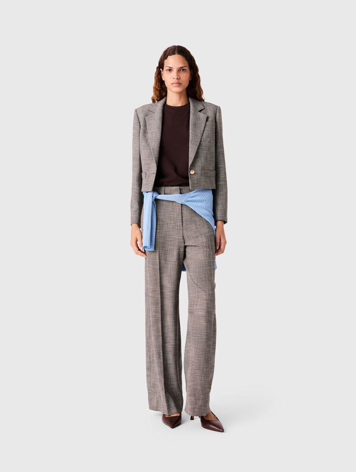 Short Checked Suit Jacket - Brown - View 1