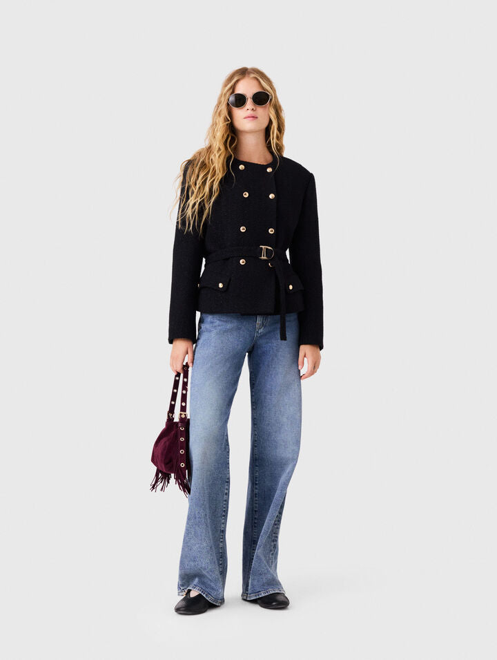 Mid-length double-breasted jacket - Black - View 1