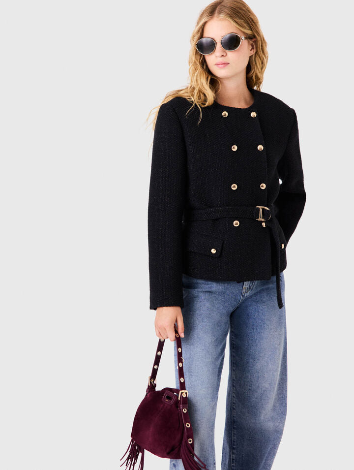 Mid-length double-breasted jacket - Black - View 3