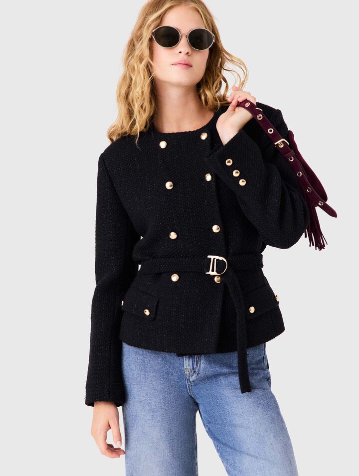 Mid-length double-breasted jacket - Black - View 4